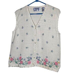 Vintage‎ Northern Isles White Floral Button-Up Sweater Vest Hand Embroidery L
